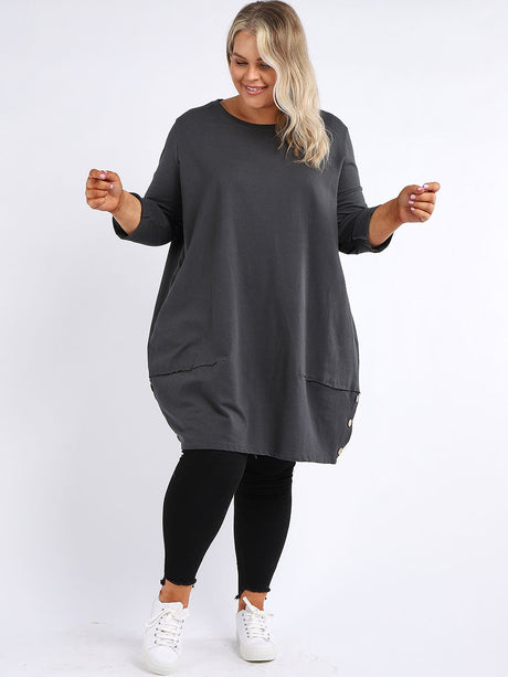Ladies Plain Buttoned Hem Cotton Slouch Dress