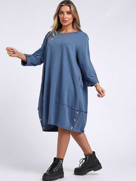 Ladies Plain Buttoned Hem Cotton Slouch Dress