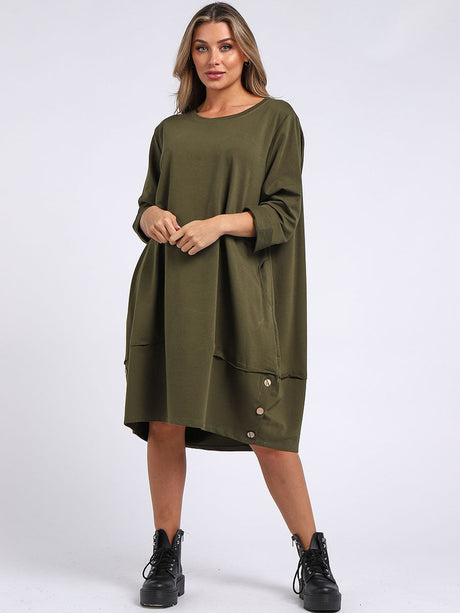 Ladies Plain Buttoned Hem Cotton Slouch Dress