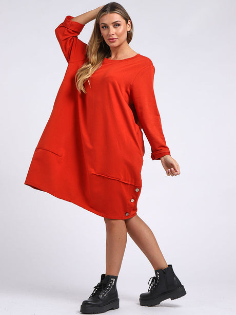 Ladies Plain Buttoned Hem Cotton Slouch Dress