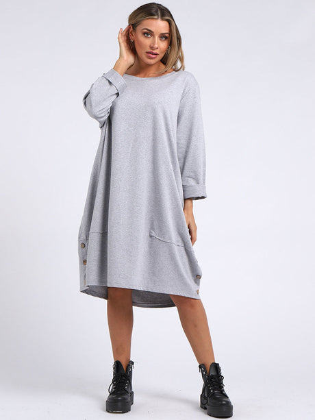 Ladies Plain Buttoned Hem Cotton Slouch Dress