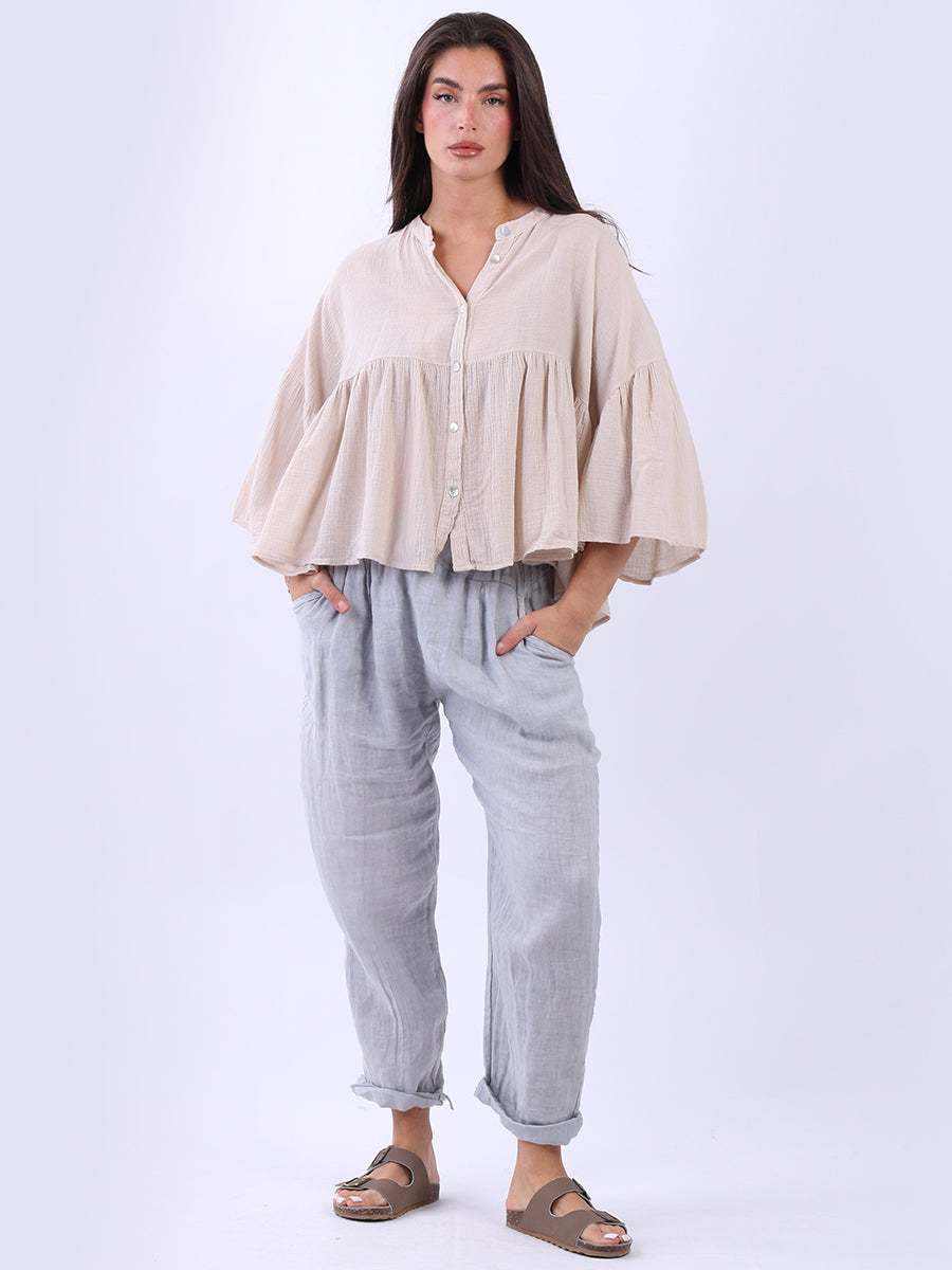 Button Down Peplum Top Beige