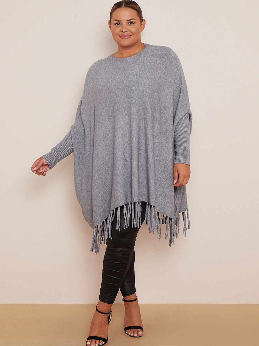 Knitted Oversized Tunic Poncho Dark Grey