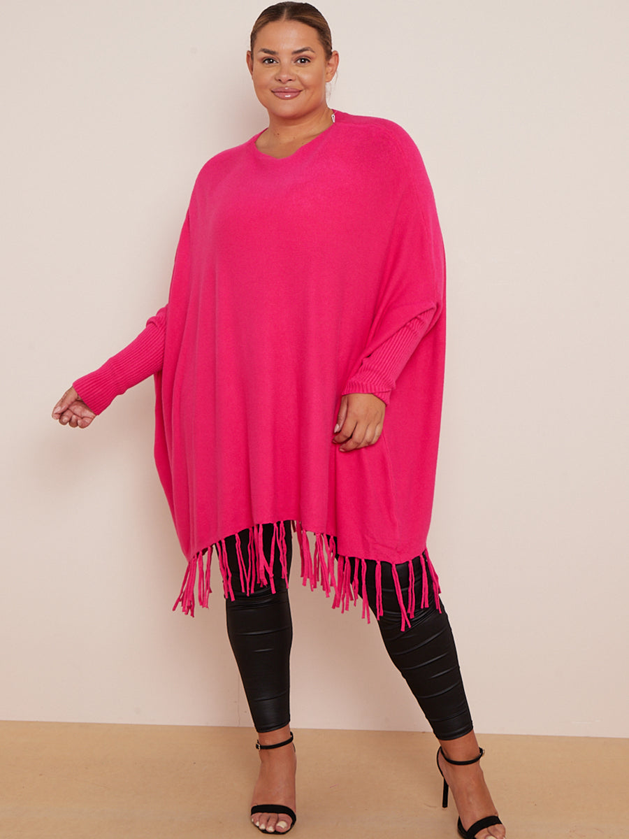 Knitted Oversized Tunic Poncho Fuchsia