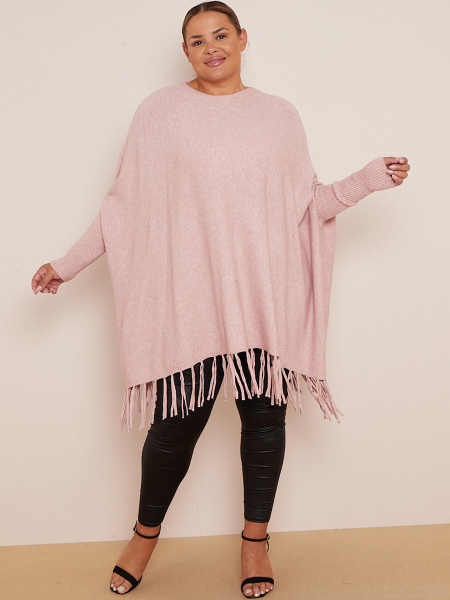 Knitted Oversized Tunic Poncho Pink