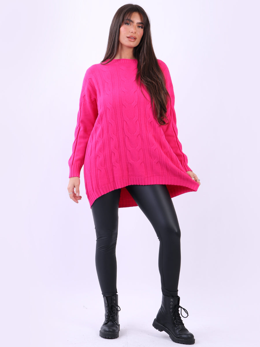 Cable Knit Lagenlook Jumper Fuchsia