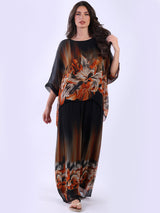 Women Batwing Sleeves Floral Silk Tunic