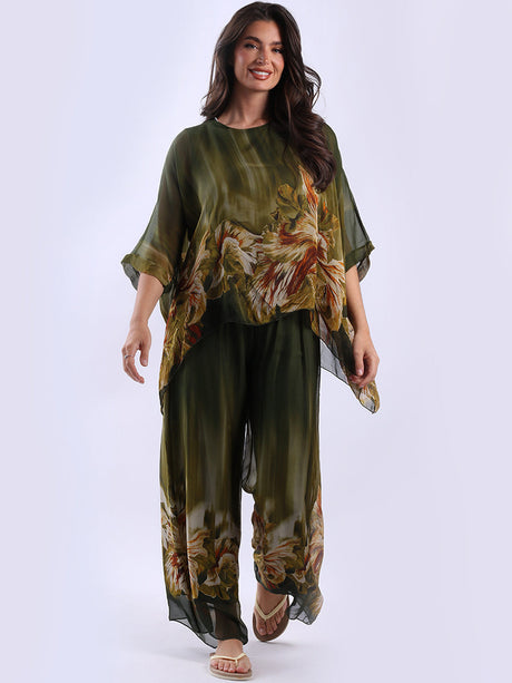 Women Batwing Sleeves Floral Silk Tunic