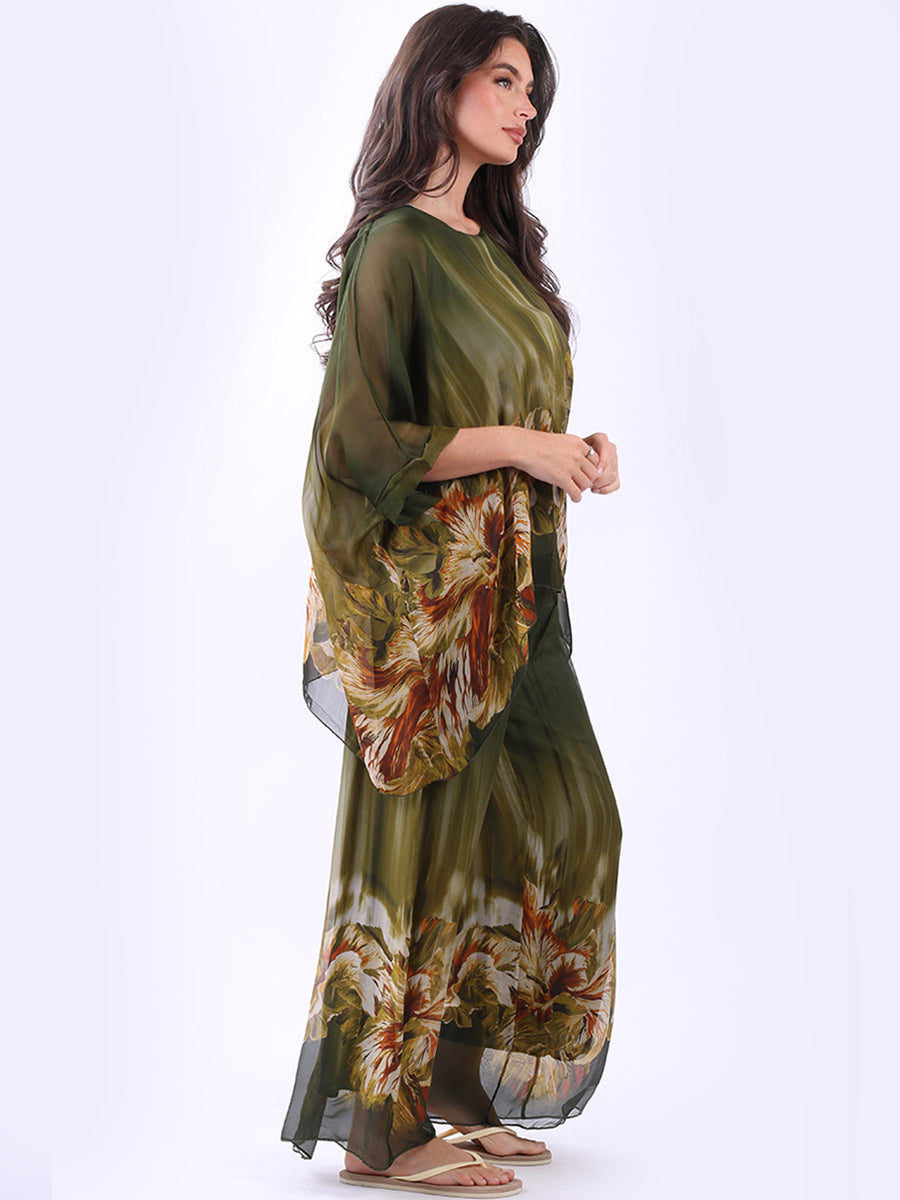 Women Batwing Sleeves Floral Silk Tunic