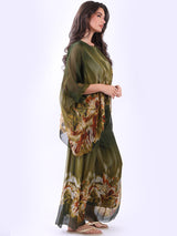 Women Batwing Sleeves Floral Silk Tunic