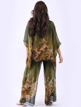 Women Batwing Sleeves Floral Silk Tunic