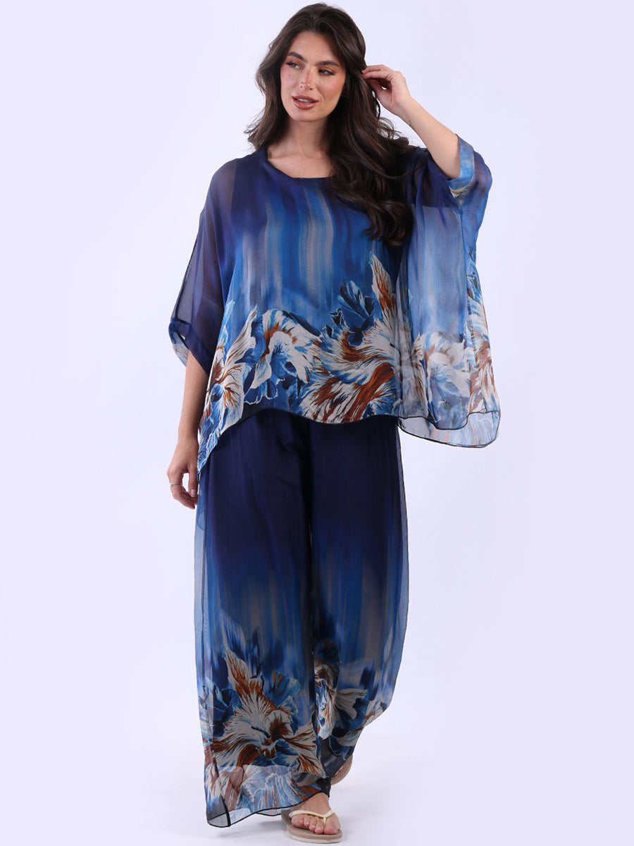 Women Batwing Sleeves Floral Silk Tunic