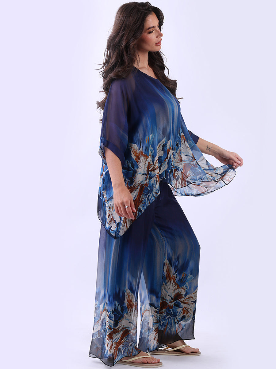 Women Batwing Sleeves Floral Silk Tunic