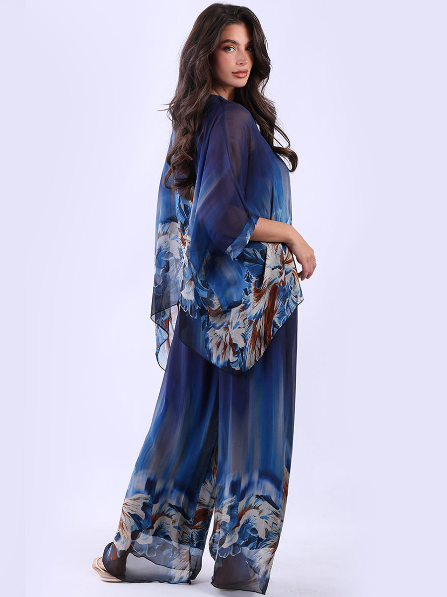Women Batwing Sleeves Floral Silk Tunic