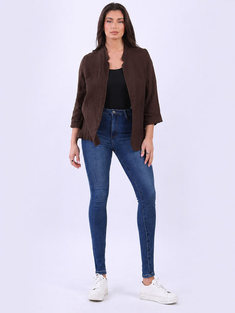 Open Front Linen Jacket Chocolate