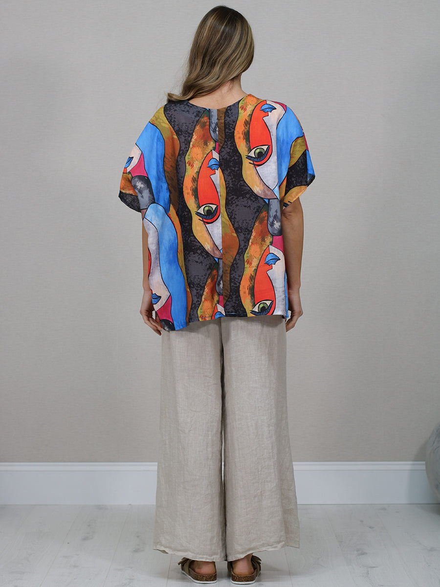 Italian Vintage Face Print Linen Top