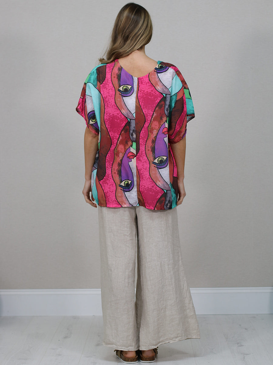 Italian Vintage Face Print Linen Top