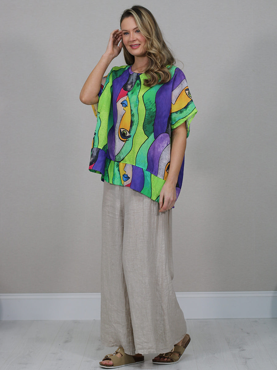 Italian Vintage Face Print Linen Top