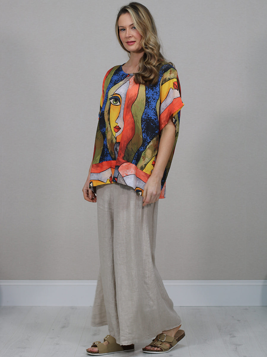 Italian Vintage Face Print Linen Top