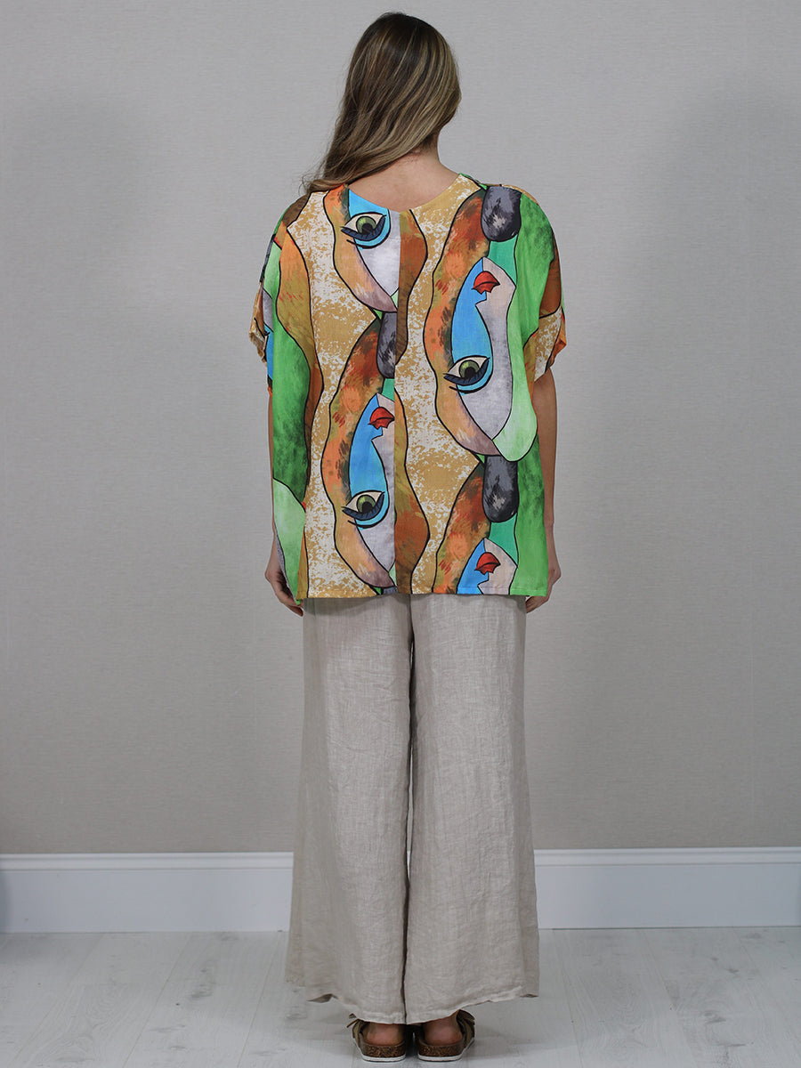 Italian Vintage Face Print Linen Top