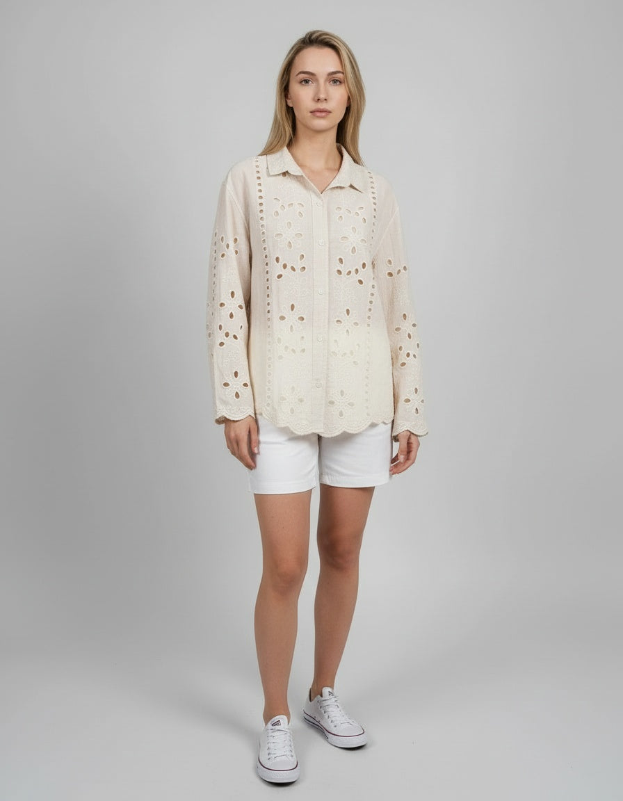 Broderie Button Down Shirt Beige
