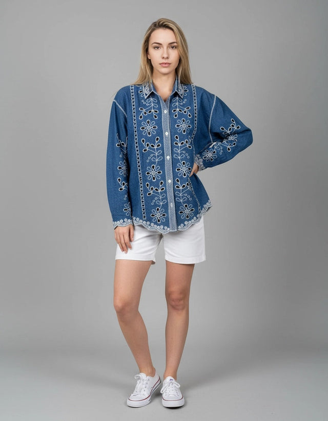 Broderie Button Down Shirt Denim