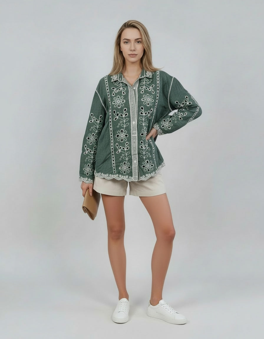 Broderie Button Down Shirt Khaki
