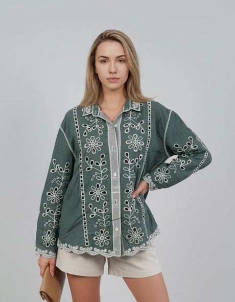Broderie Button Down Shirt Khaki
