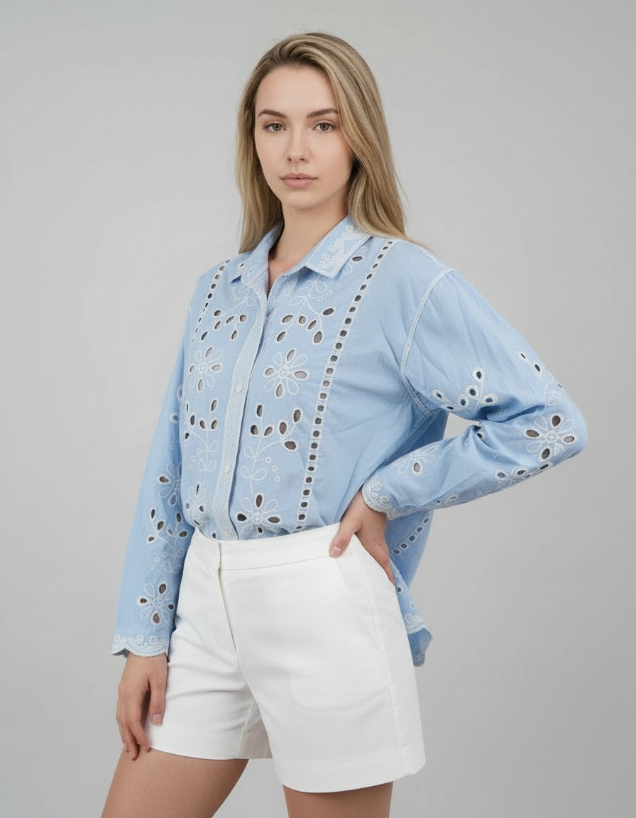 Broderie Crochet Embroidered Collared Shirt