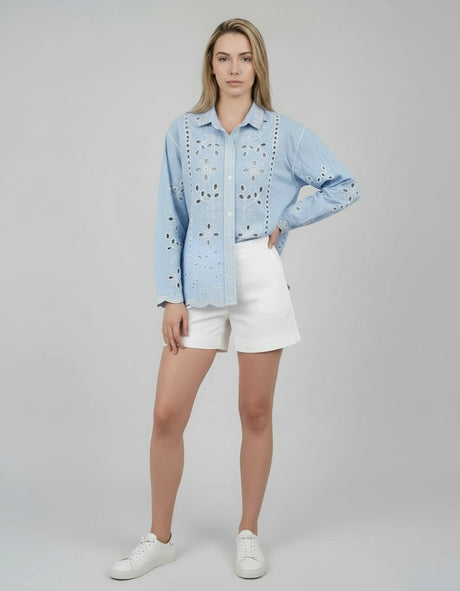 Broderie Button Down Shirt Sky Blue
