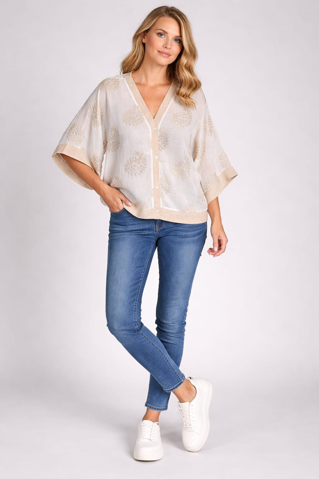 Paisley Print Button Down Batwing Crop Cardigan