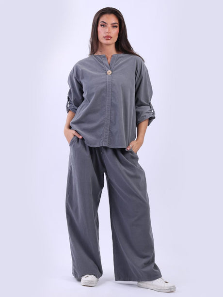 Plain Cotton Corduroy Lagenlook Hi-Lo Blouse