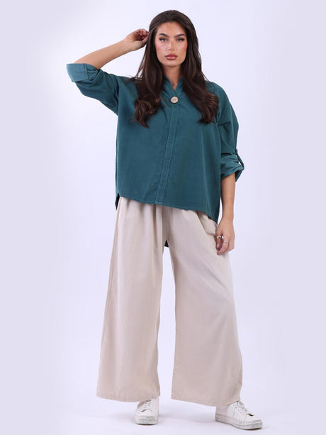 Plain Cotton Corduroy Lagenlook Hi-Lo Blouse