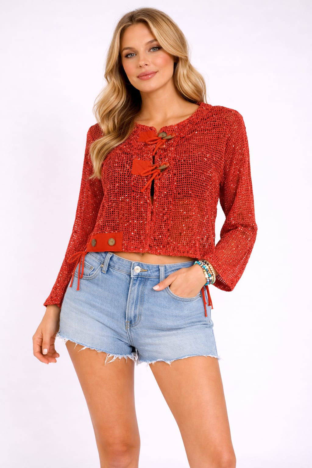 Front Button Mesh Net Layering Batwing Top