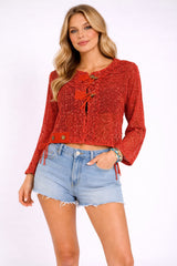 Front Button Mesh Net Layering Batwing Top