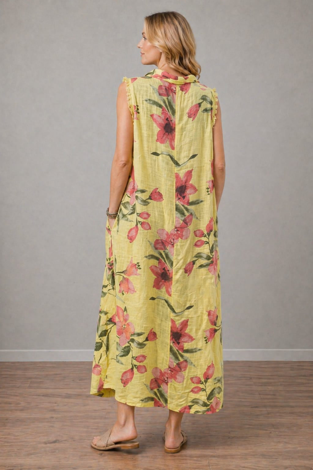 Raw Edge Floral Sleeveless Maxi Dress