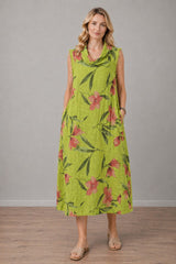 Floral Linen Dress Lime Green
