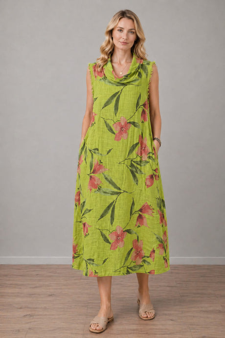 Floral Linen Dress Lime Green