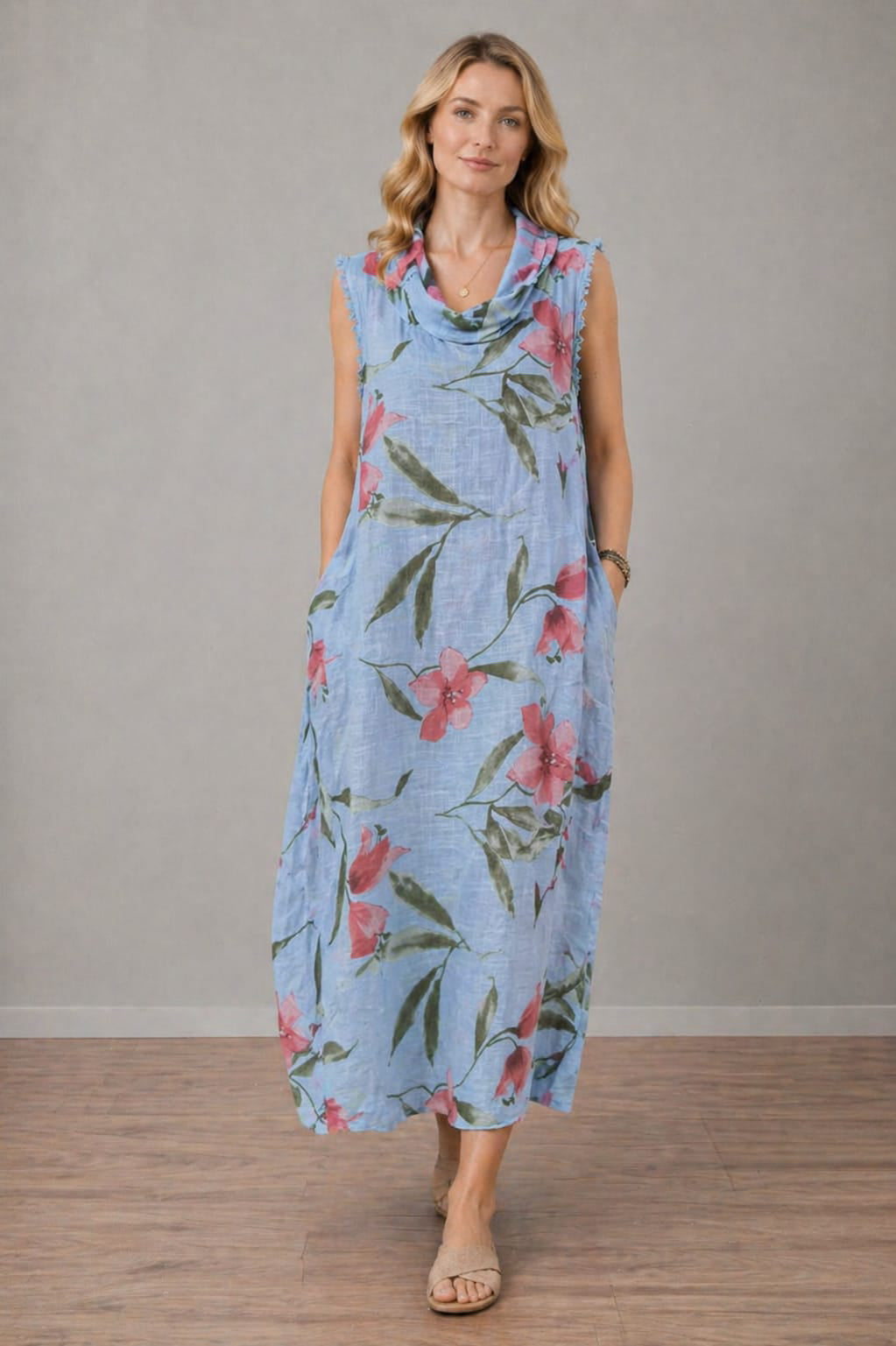 Floral Linen Dress Sky Blue
