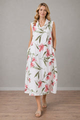 Floral Linen Dress White