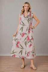 Floral Linen Dress Beige