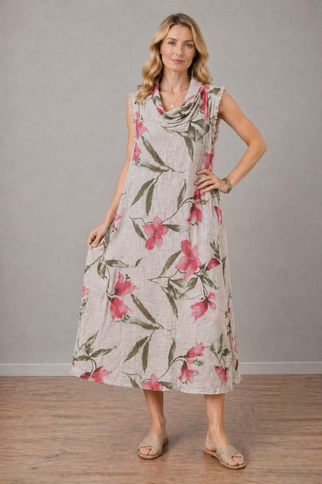 Floral Linen Dress Beige
