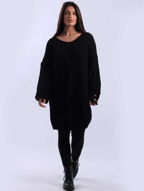 Women Longline Fringe Chunky Knit Jumper