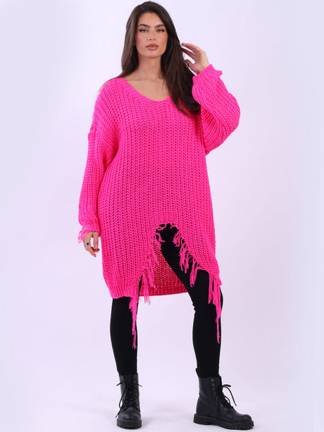 Women Longline Fringe Chunky Knit Jumper