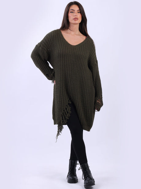 Women Longline Fringe Chunky Knit Jumper