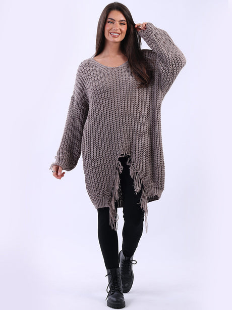 Women Longline Fringe Chunky Knit Jumper