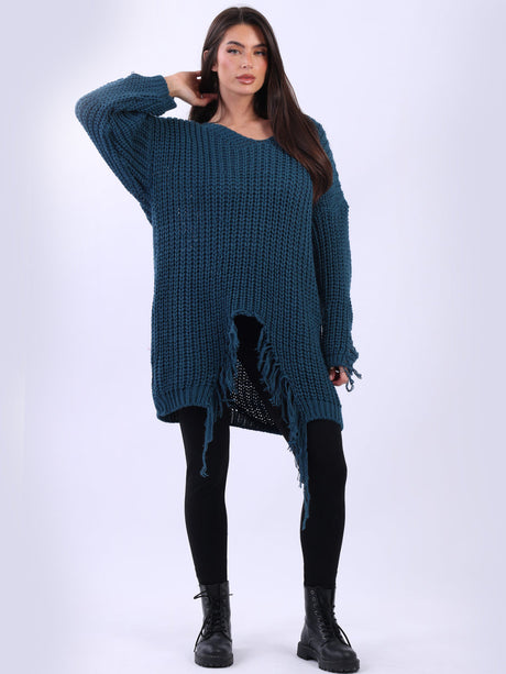 Women Longline Fringe Chunky Knit Jumper