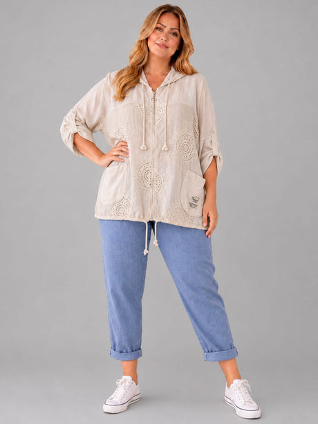 Embroidered Hoodie Top Beige