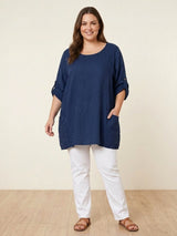 Plus Size Broderie Cotton Top Navy