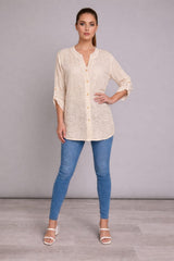 Cotton Embroidered Button Down Top Beige